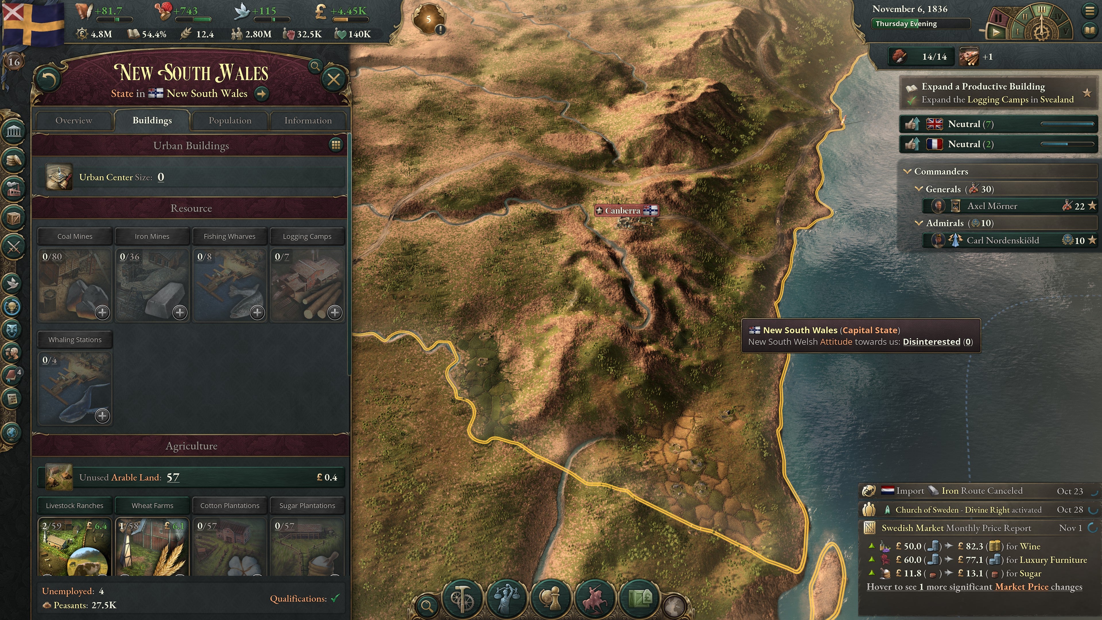 Did you know that Canberra, Australia's capital city, wasn't founded until 1913? Yet here it is, existing in 1836, a rare L for Paradox's research team (Screenshot: Paradox | Kotaku)