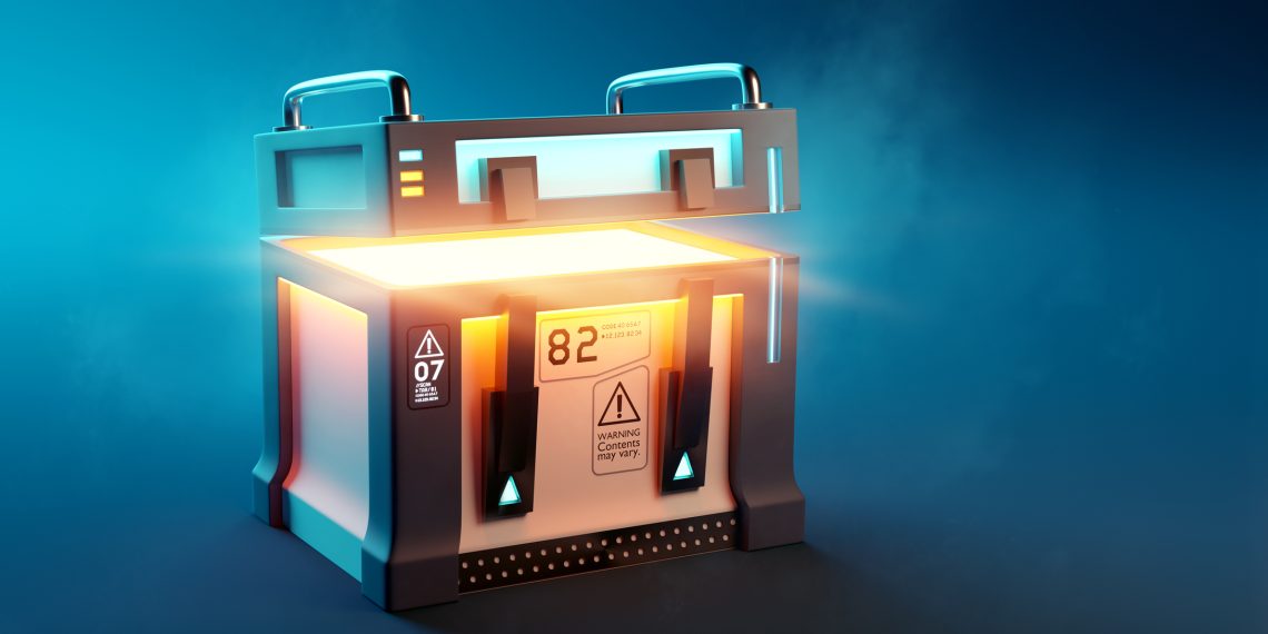 Fantasy Futuristic mystery loot box case opening up to reveal its surprise contents. 3D illustration.