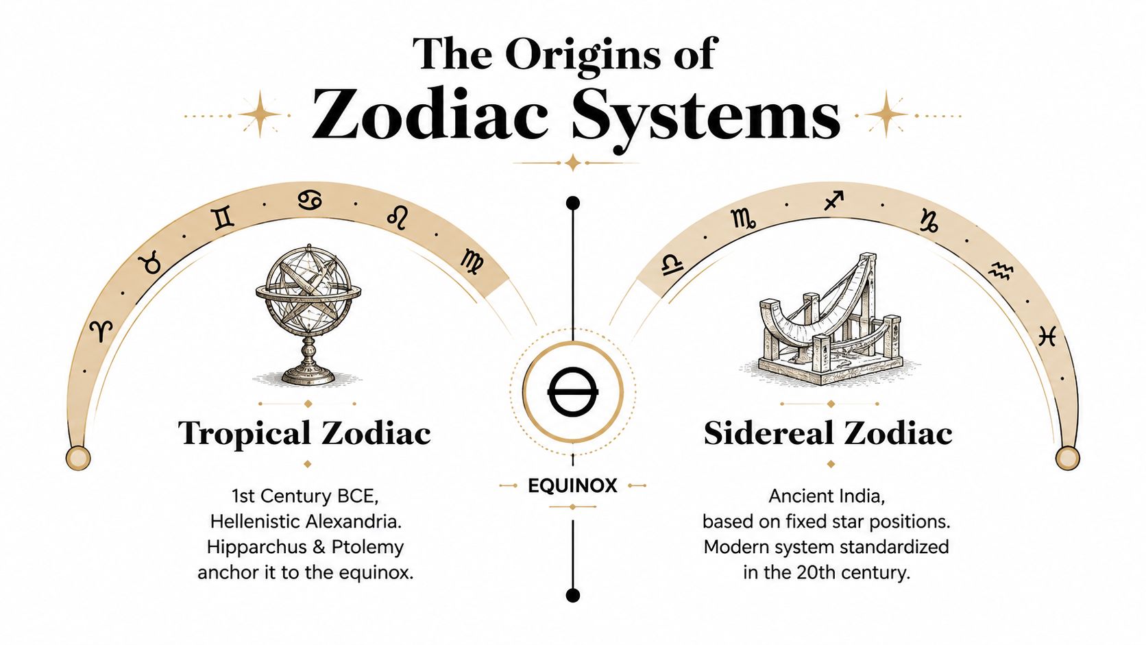 An infographic illustrating the differences between the tropical zodiac and the sidereal zodiac historical systems.