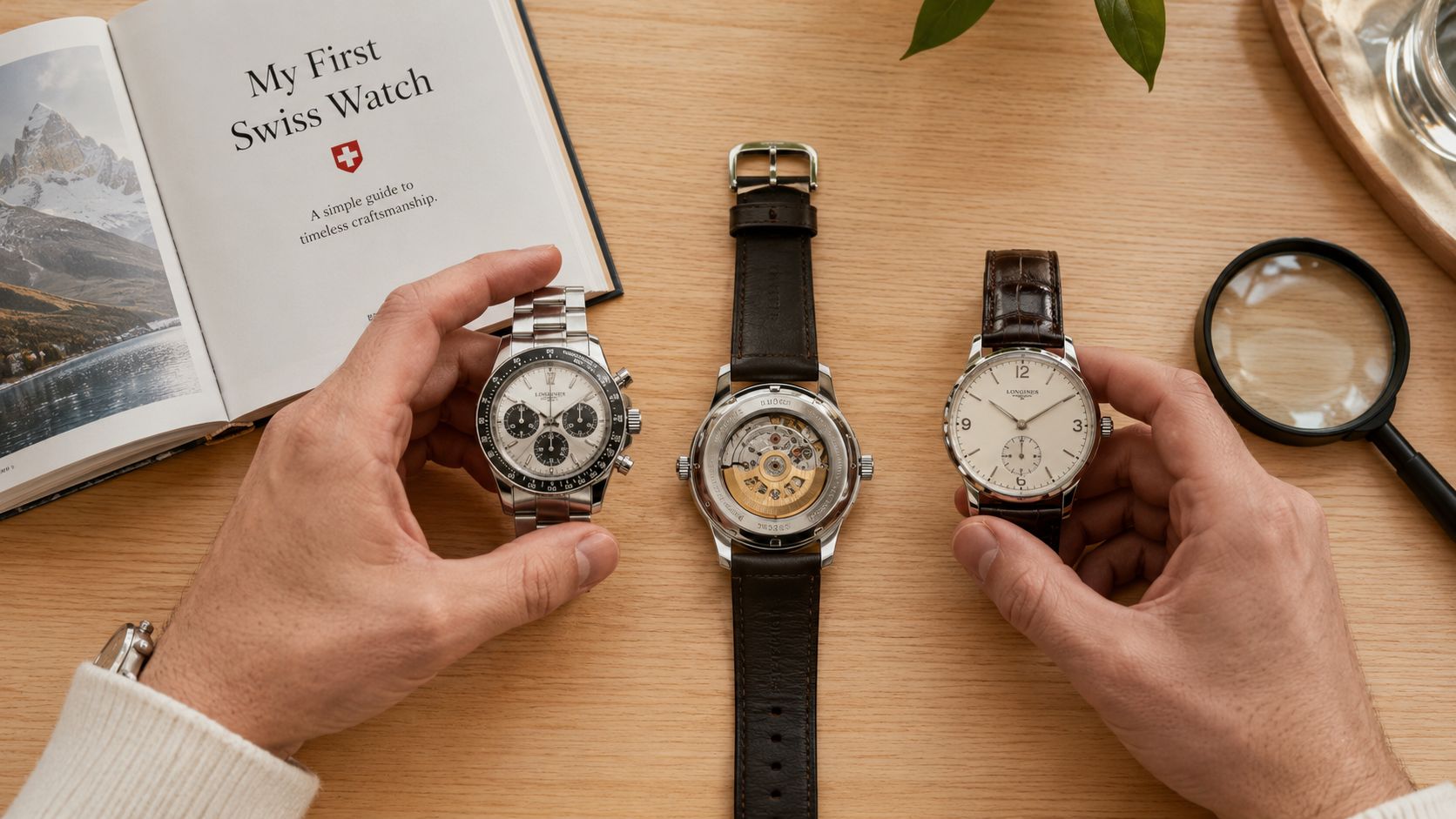 A person holding two Longines watches next to an open book and a magnifying glass on a table.