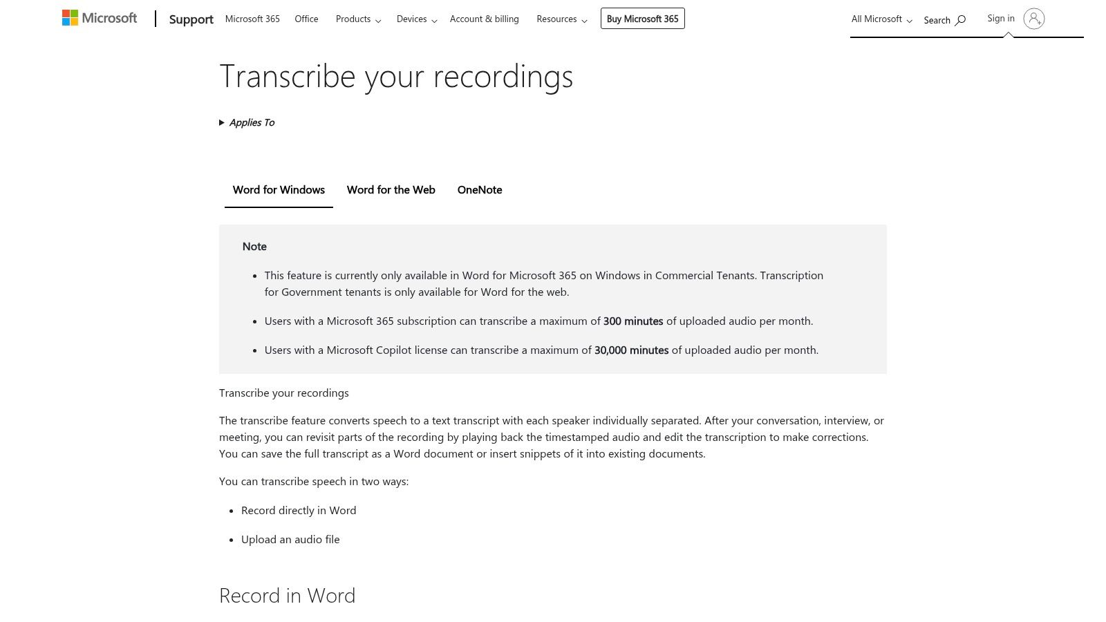 Microsoft Word (Transcribe in Word for the web - Microsoft 365)