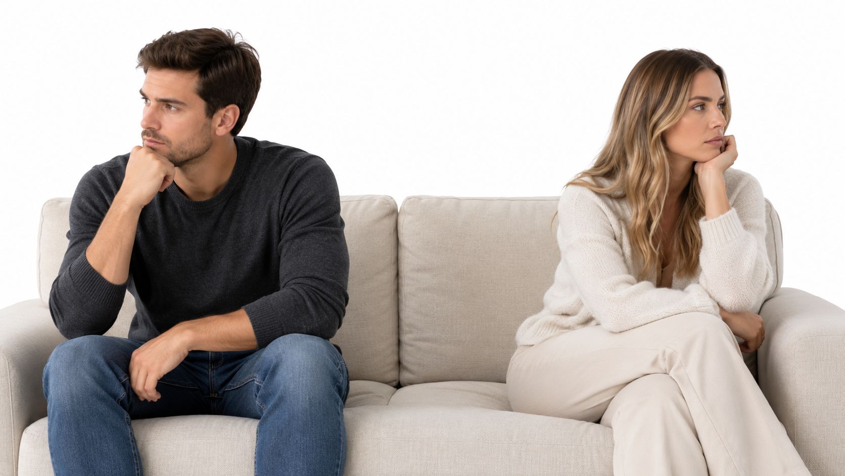 A couple sitting on a couch, looking away from each other while appearing upset and distant.