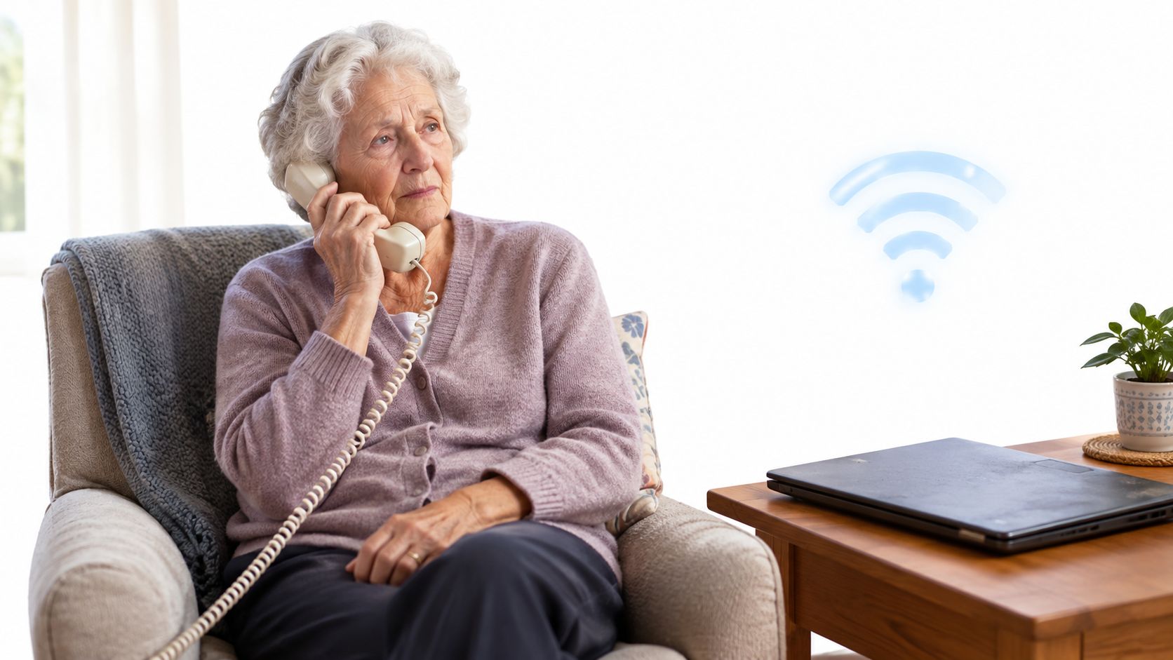 An elderly woman sitting in an armchair while talking on a landline telephone near a laptop.