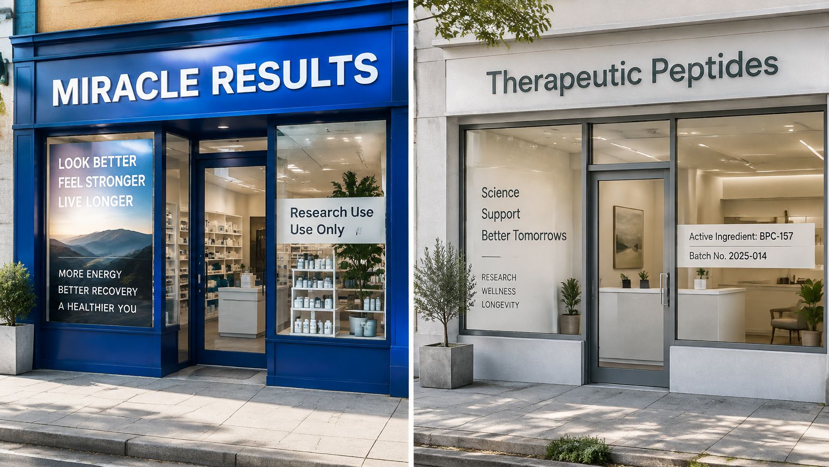 Two modern storefronts featuring Miracle Results and Therapeutic Peptides signage, specializing in research compounds and wellness products.